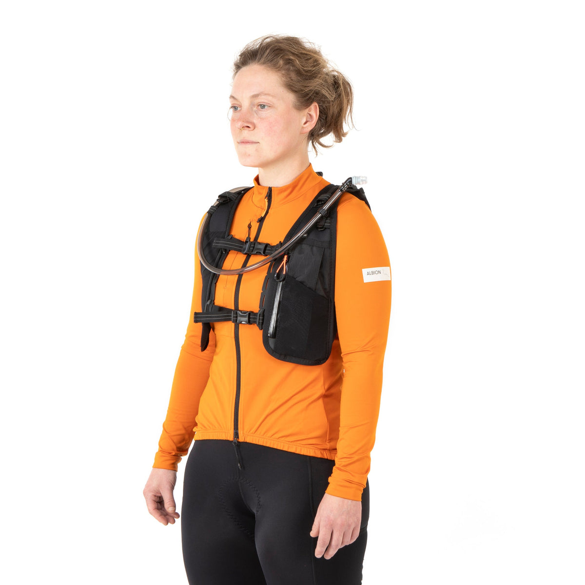 Rider wearing the Restrap Race Hydration Vest, side-front view