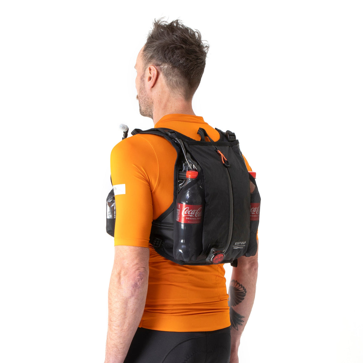 Restrap Race Hydration Vest rear pockets loaded with bottles